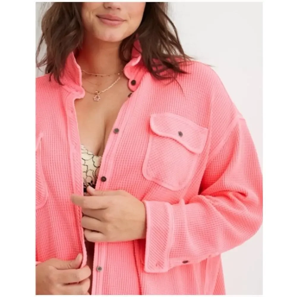 NEW! Aerie 'LumberJane' Waffle Shirt in CORAL SUN (XL) - Picture 2 of 6